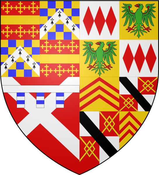 Earl Of Warwick's Coat: 1st Grand Quarter, Beauchamp and Clare; 2nd GQ, Montague and Monthermer; 3rd GQ, Warwick with a Label of three; 4th GQ: Warwick and LeDespencer