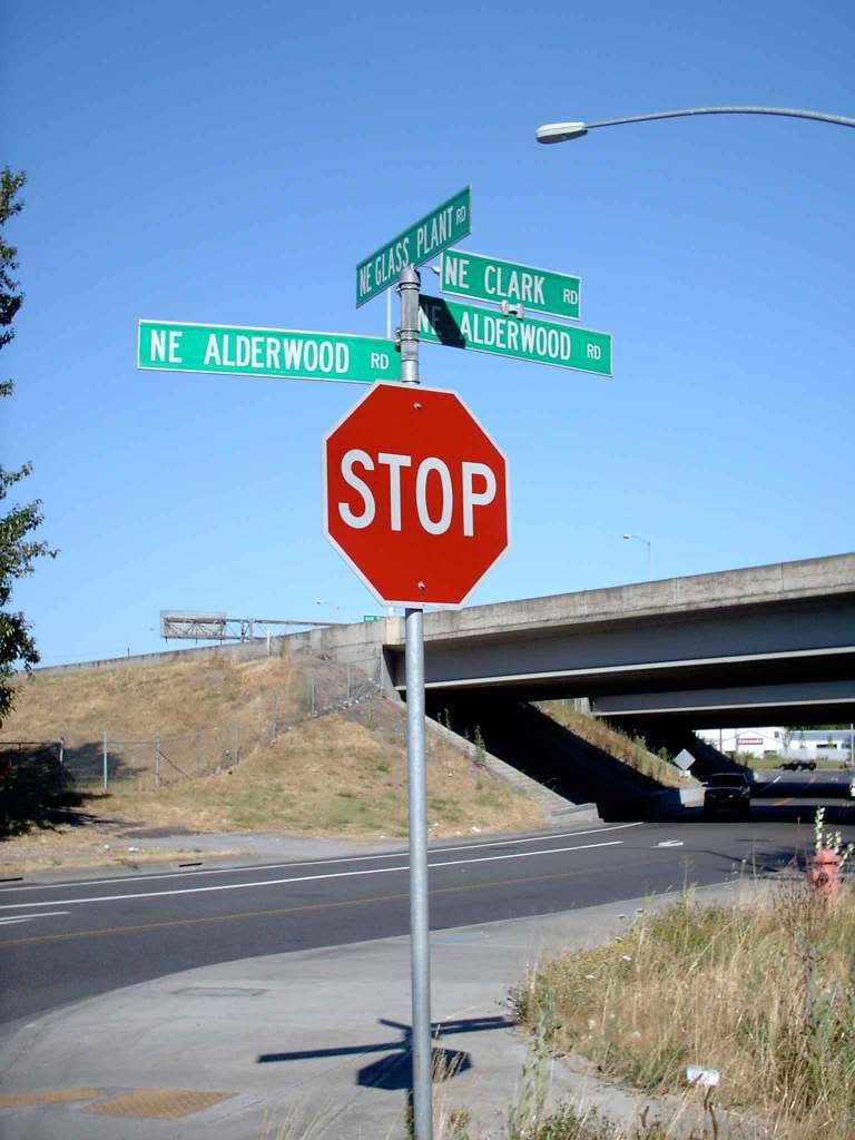 Clark Rd/Alderwood Rd/Glass Plant Rd sign, Portland, Oregon