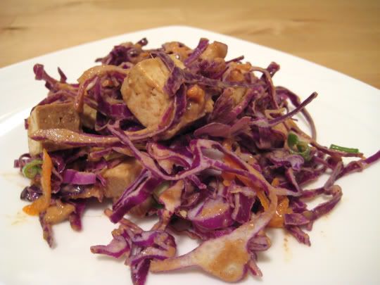 Red Cabbage Slaw with Baked Tofu and Peanut Dressing