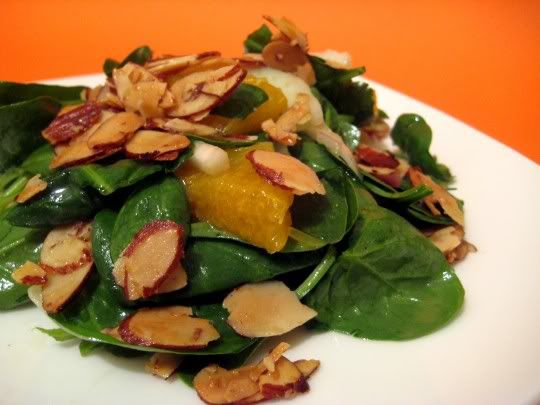 Spinach Salad with Passion Fruit Dressing & Maple-Glazed Almonds