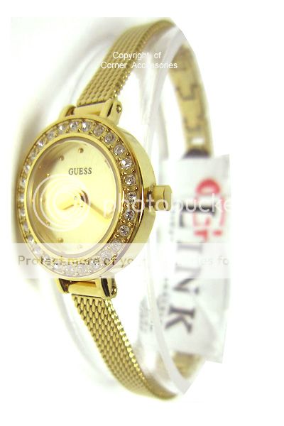 U96013L1 New Guess Ladies Gold Mesh Band Round Dial Crystals Watch