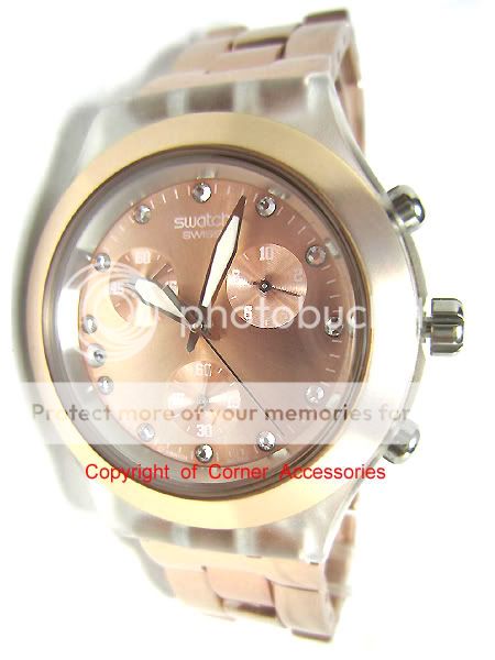 Brand New Swatch Women Rosegold Crystals Chrono Swiss SVCK4047AG Watch