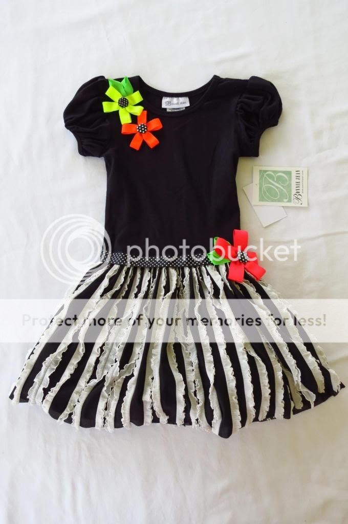 New Bonnie Jean Girls Striped Dress Bubble Skirt Ruffles Neon Flowers 4 6X Black